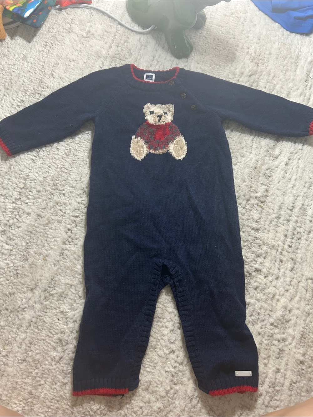 Janie and Jack Navy Knit Teddy Bear One-Piece with Red Trim